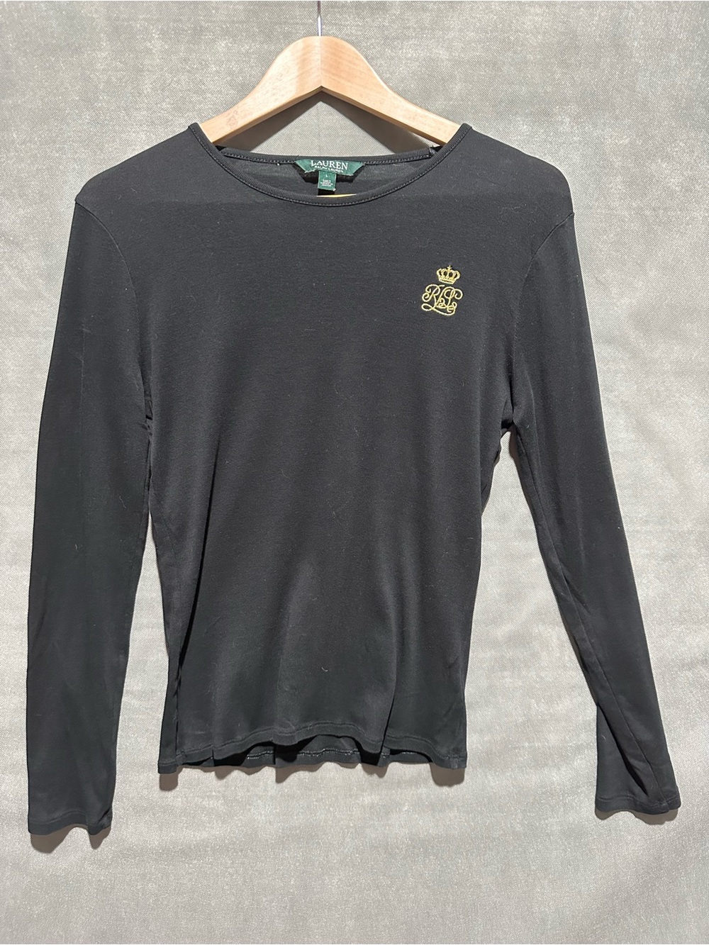 Lauren Ralph Lauren Black Long Sleeve Shirt Gold Crest Logo L